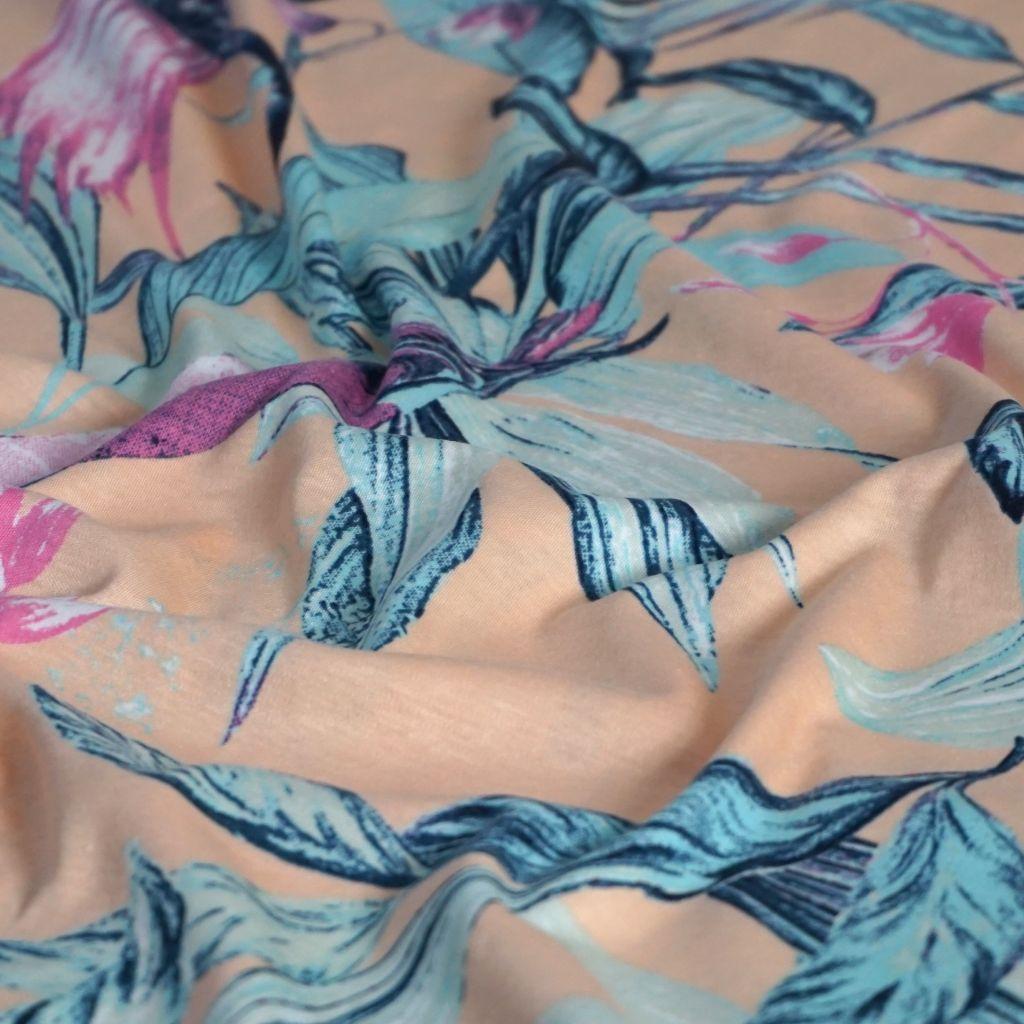 Baumwolljersey 100% Vögel apricot mint rosa